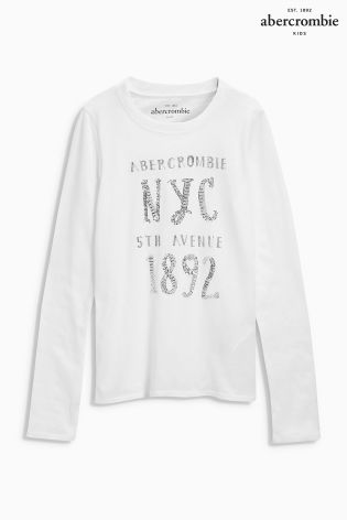 White Abercrombie & Fitch Long Sleeve Sequin Tee